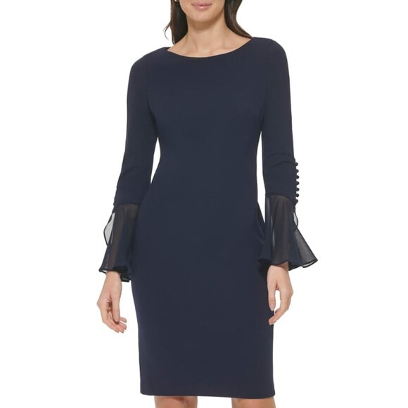 NWT Calvin Klein Womens Navy Scuba Crepe Chiffon Bell Sleeve Sheath Dress Size 4 - Picture 1 of 13